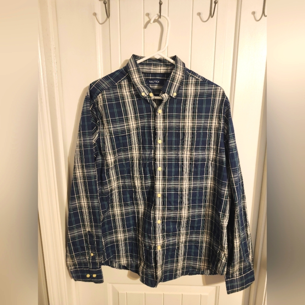 Nautica Men's Navy and White Checkered Shirt
